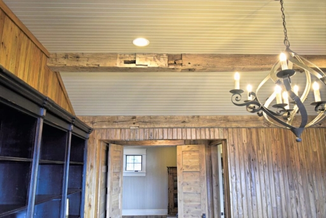 Pecky (Non-reclaimed) Cypress Wall Planking + Hand Hewn Beams