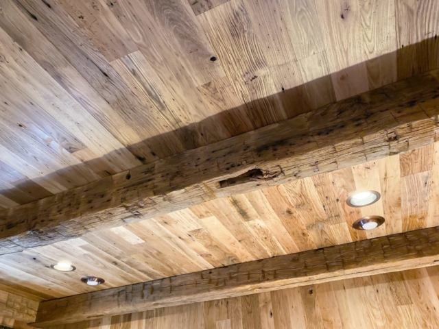 Wormy Chestnut Ceiling Planking & Hand Hewn Beams