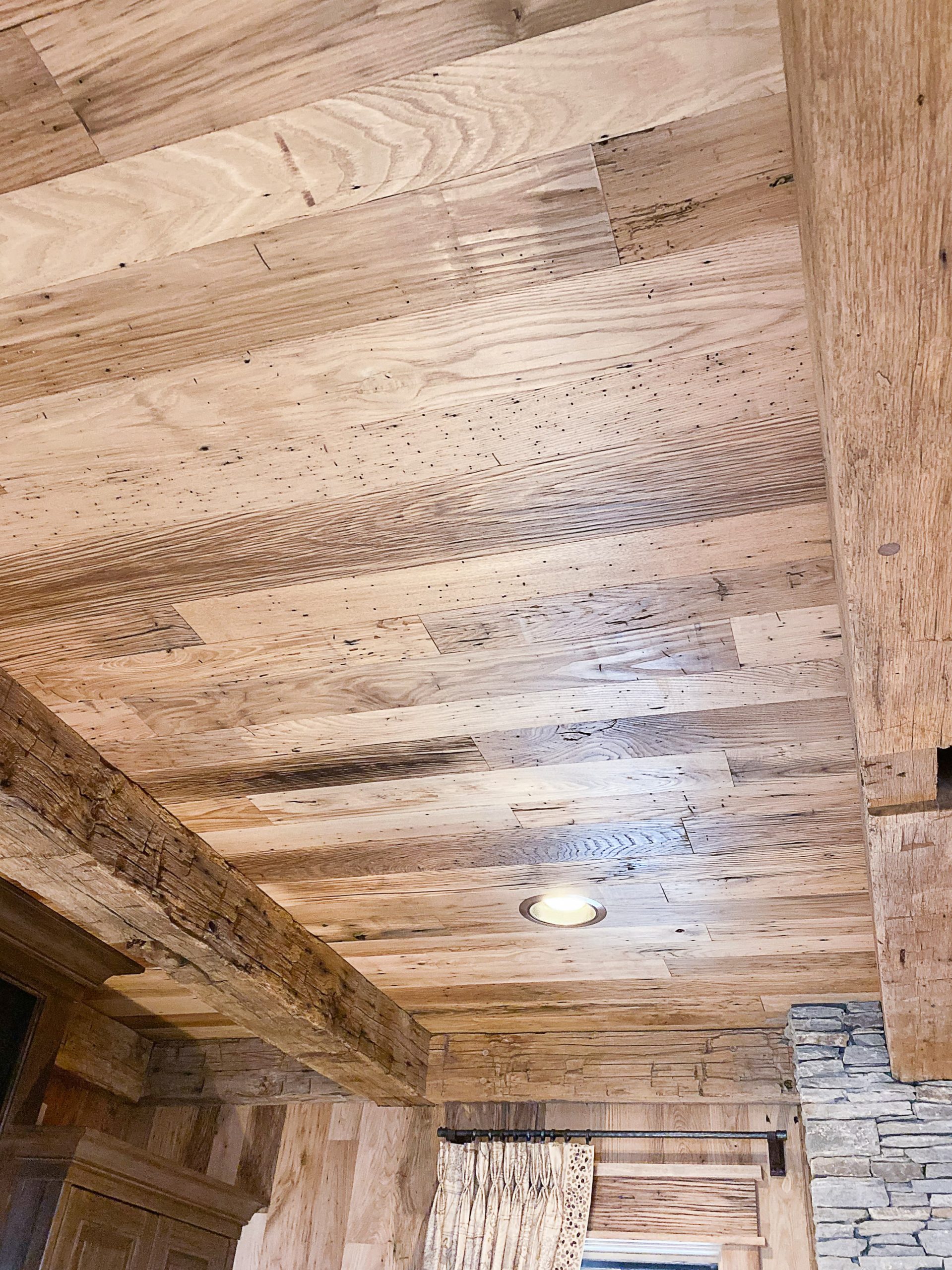 Wormy Chestnut Wall & Ceiling Planking + Hand Hewn Beams