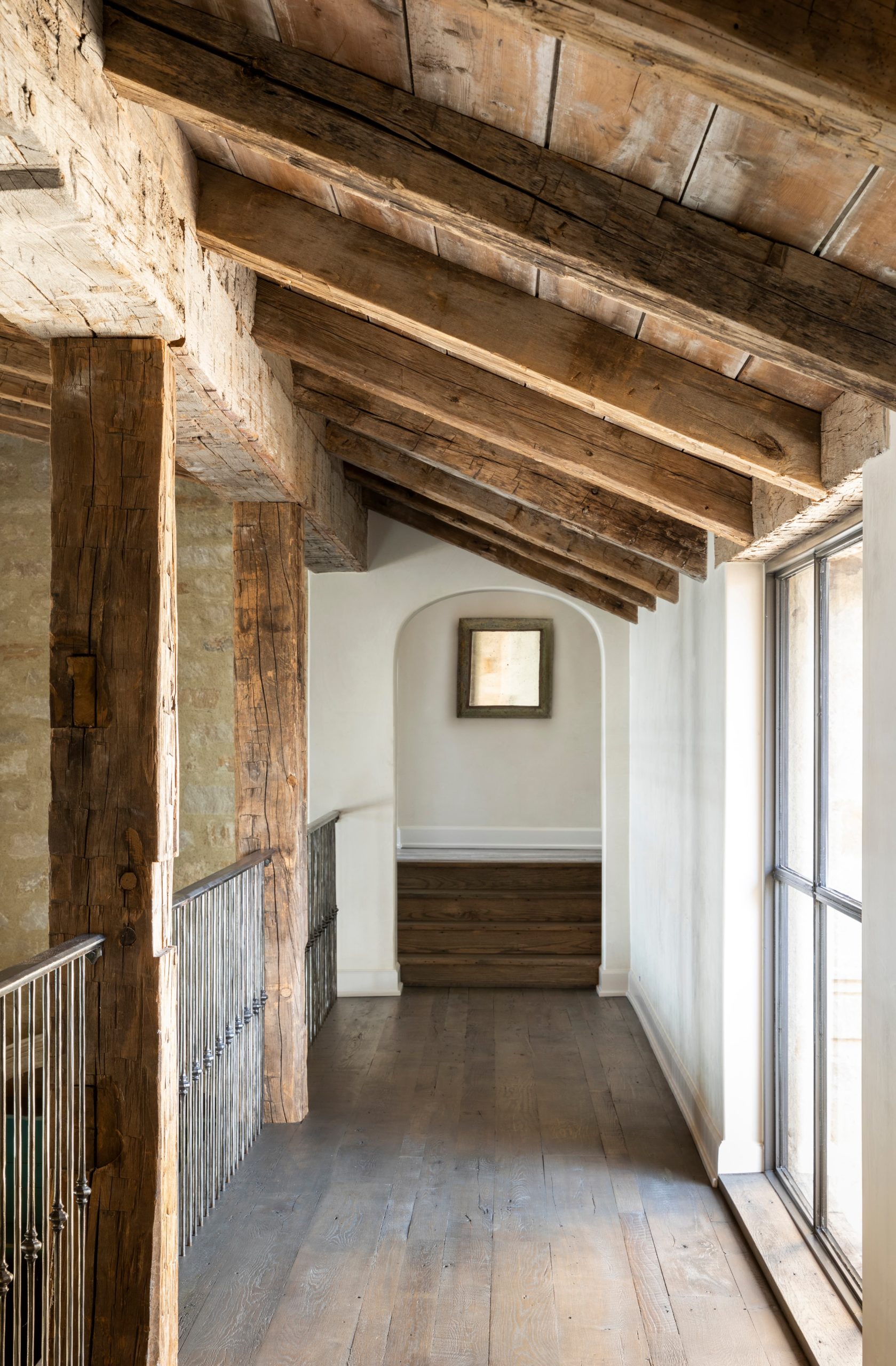 Antique Hand Hewn Beams and Brown Barnwood Ceiling Planking