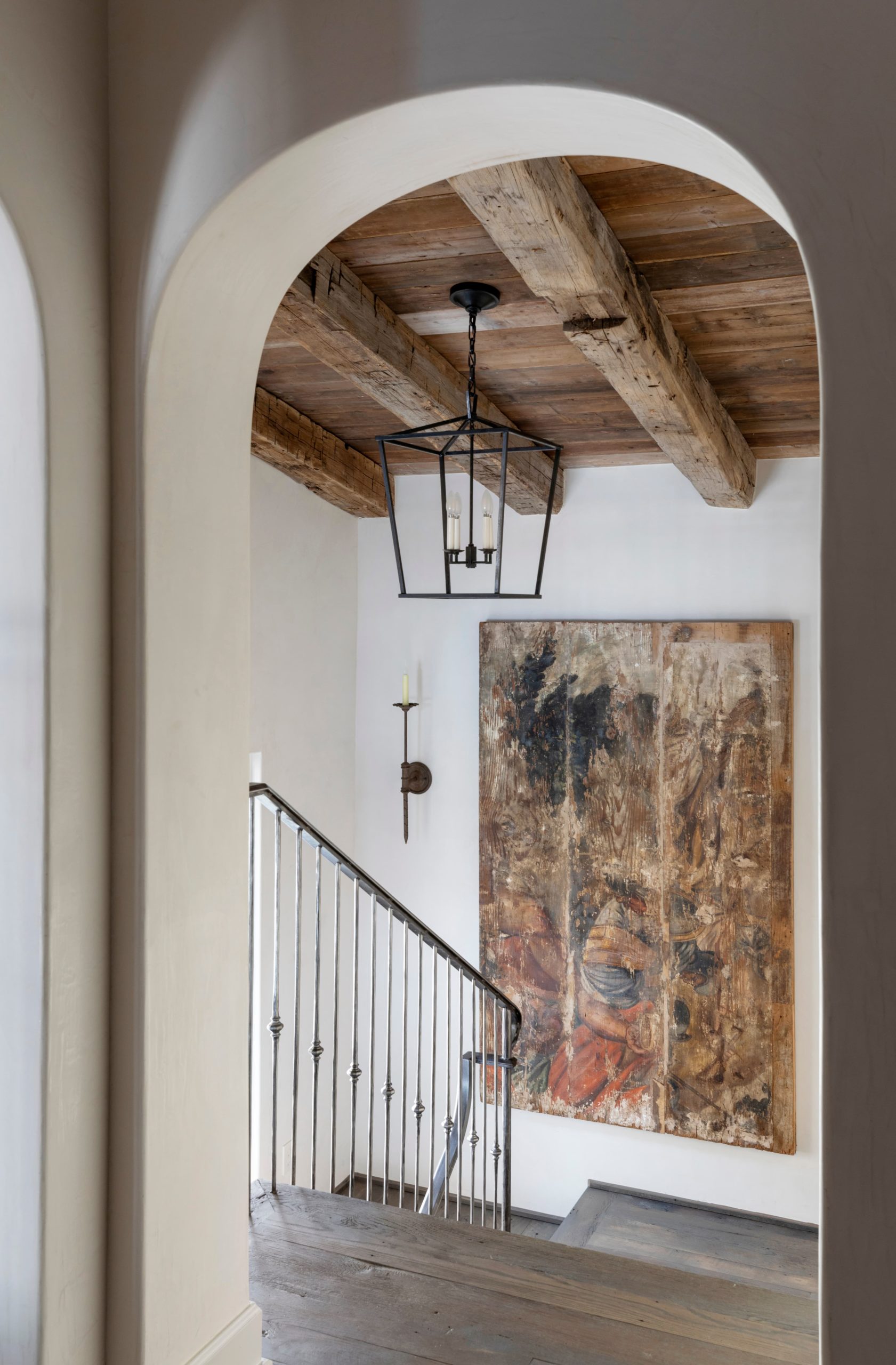 Antique Hand Hewn Beams and Brown Barnwood Ceiling Planking