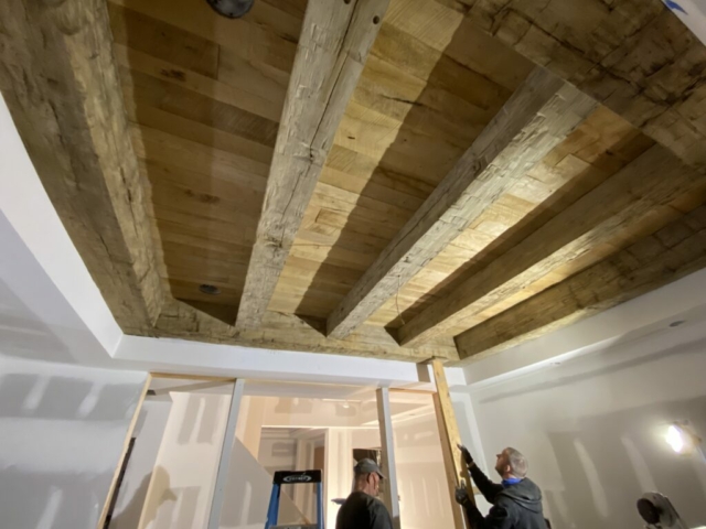 Hand Hewn Box Beams Mixed Hardwoods, Original Face White Oak Ceiling Planking