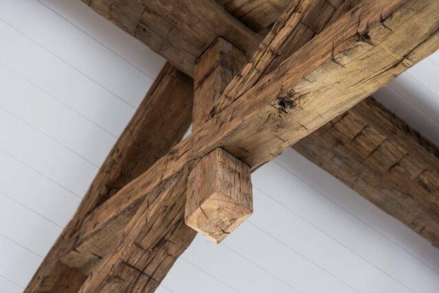 Antique Reclaimed Hand Hewn Box Beams and Solid Vertical Beam