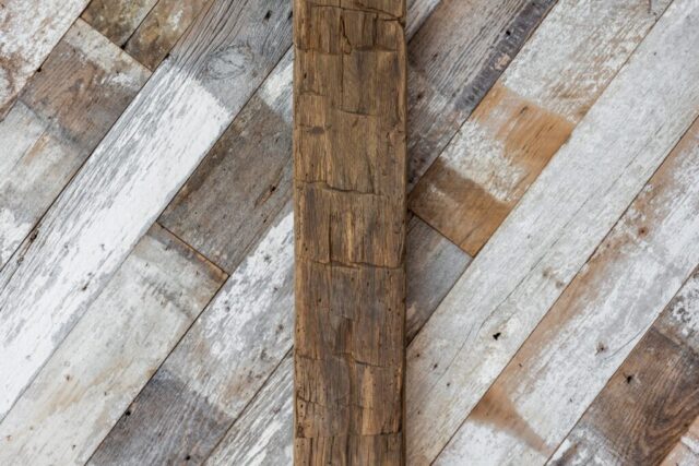 Faded White Barnwood Ceiling Planking and Hand Hewn Box Beam