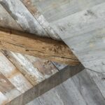Weathered Grey and Faded White Barnsiding Ceiling Planking and Hand Hewn Box Beam