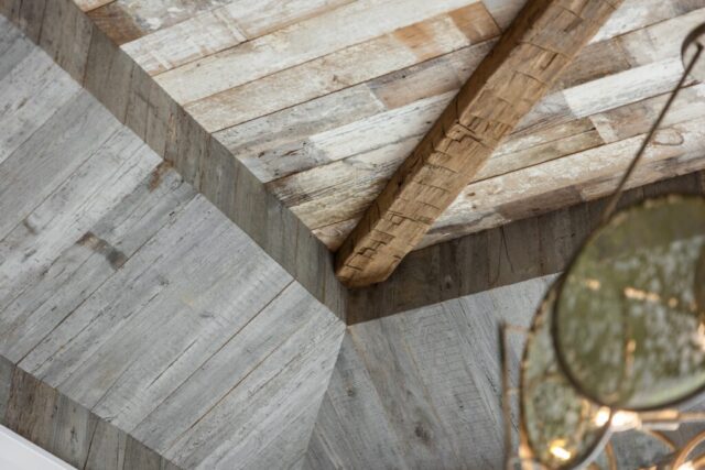 Weathered Grey and Faded White Barnsiding Ceiling Planking and Hand Hewn Box Beam
