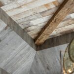 Weathered Grey and Faded White Barnsiding Ceiling Planking and Hand Hewn Box Beam