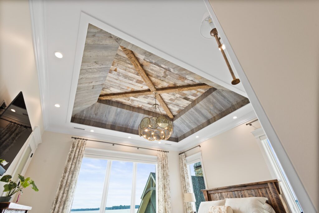 Weathered Grey and Faded White Barnsiding Ceiling Planking and Hand Hewn Box Beams