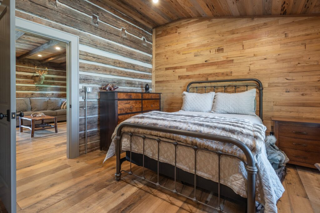 River Reclaimed Sinker Pecky Cypress Ceiling Planking, Reclaimed Wormy Chestnut Wall Paneling and Original Face Reclaimed Skip Planed Oak Flooring