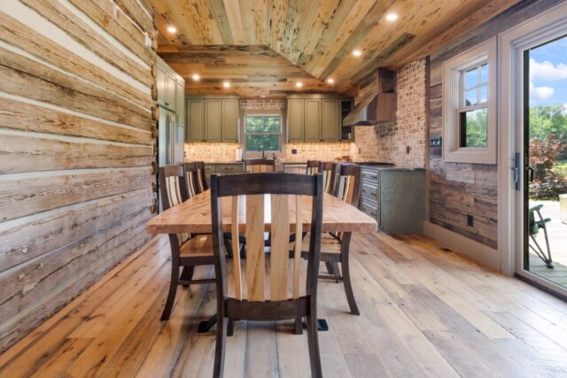 River Reclaimed Sinker Pecky Cypress Ceiling Planking and Original Face Reclaimed Skip Planed Oak Flooring