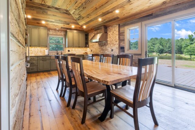 River Reclaimed Sinker Pecky Cypress Ceiling Planking and Original Face Reclaimed Skip Planed Oak Flooring