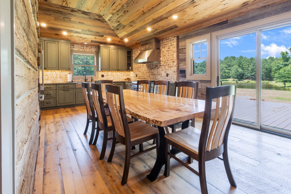 River Reclaimed Sinker Pecky Cypress Ceiling Planking and Original Face Reclaimed Skip Planed Oak Flooring