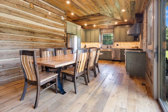 River Reclaimed Sinker Pecky Cypress Ceiling Planking and Original Face Reclaimed Skip Planed Oak Flooring