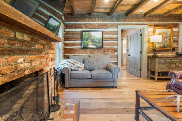 River Reclaimed Sinker Pecky Cypress Ceiling Planking and Original Face Reclaimed Skip Planed Oak Flooring