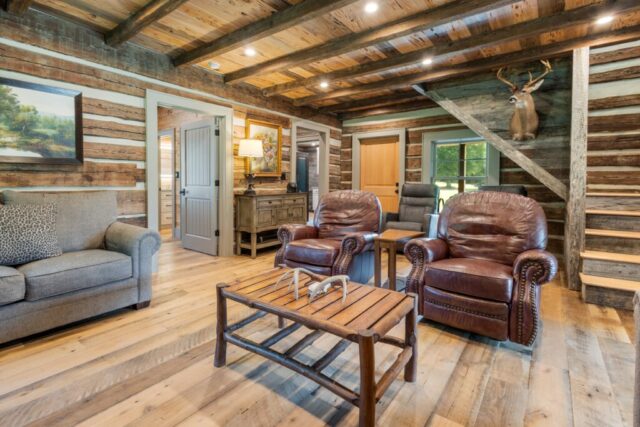 River Reclaimed Sinker Pecky Cypress Ceiling Planking and Original Face Reclaimed Skip Planed Oak Flooring