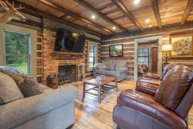 River Reclaimed Sinker Pecky Cypress Ceiling Planking and Original Face Reclaimed Skip Planed Oak Flooring
