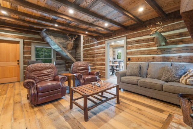 River Reclaimed Sinker Pecky Cypress Ceiling Planking and Original Face Reclaimed Skip Planed Oak Flooring